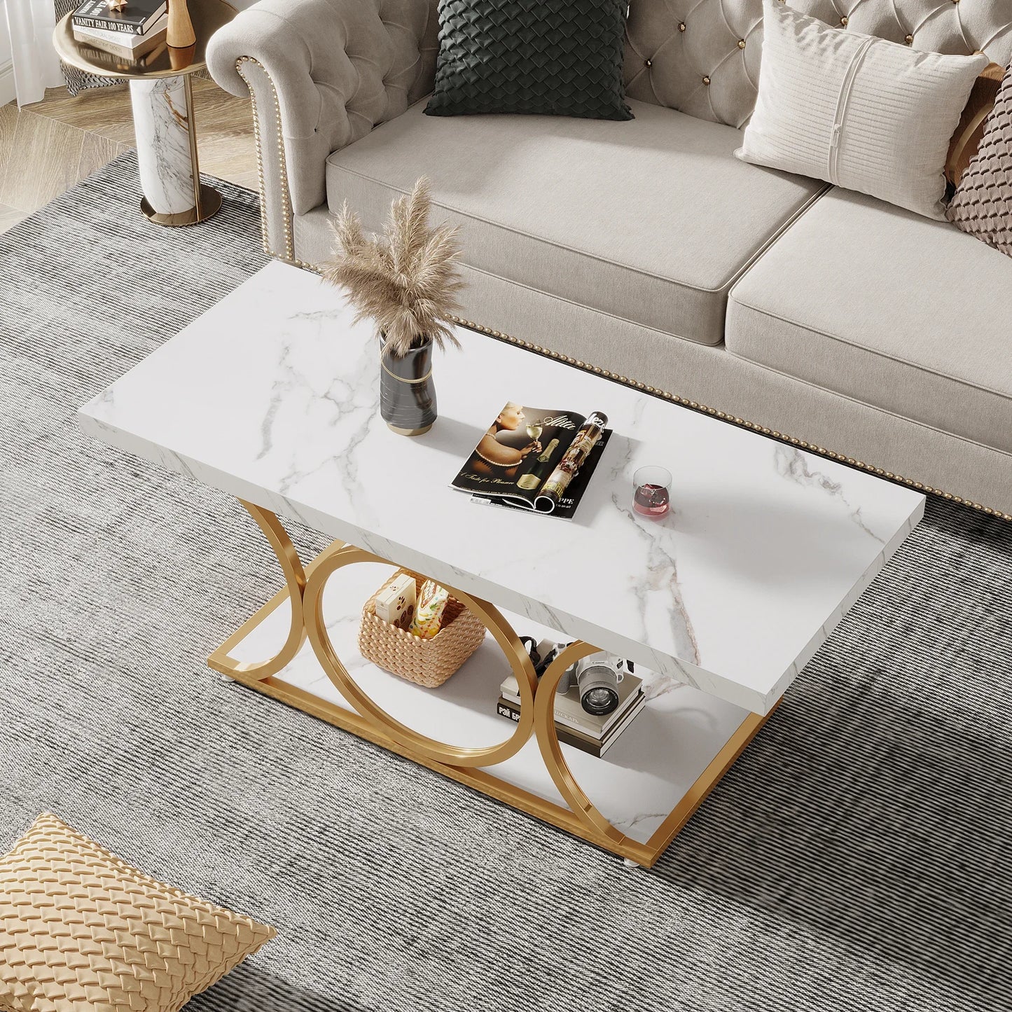 Tribesigns Rectangular Coffee Table Modern Two Tier Faux Marble Wood