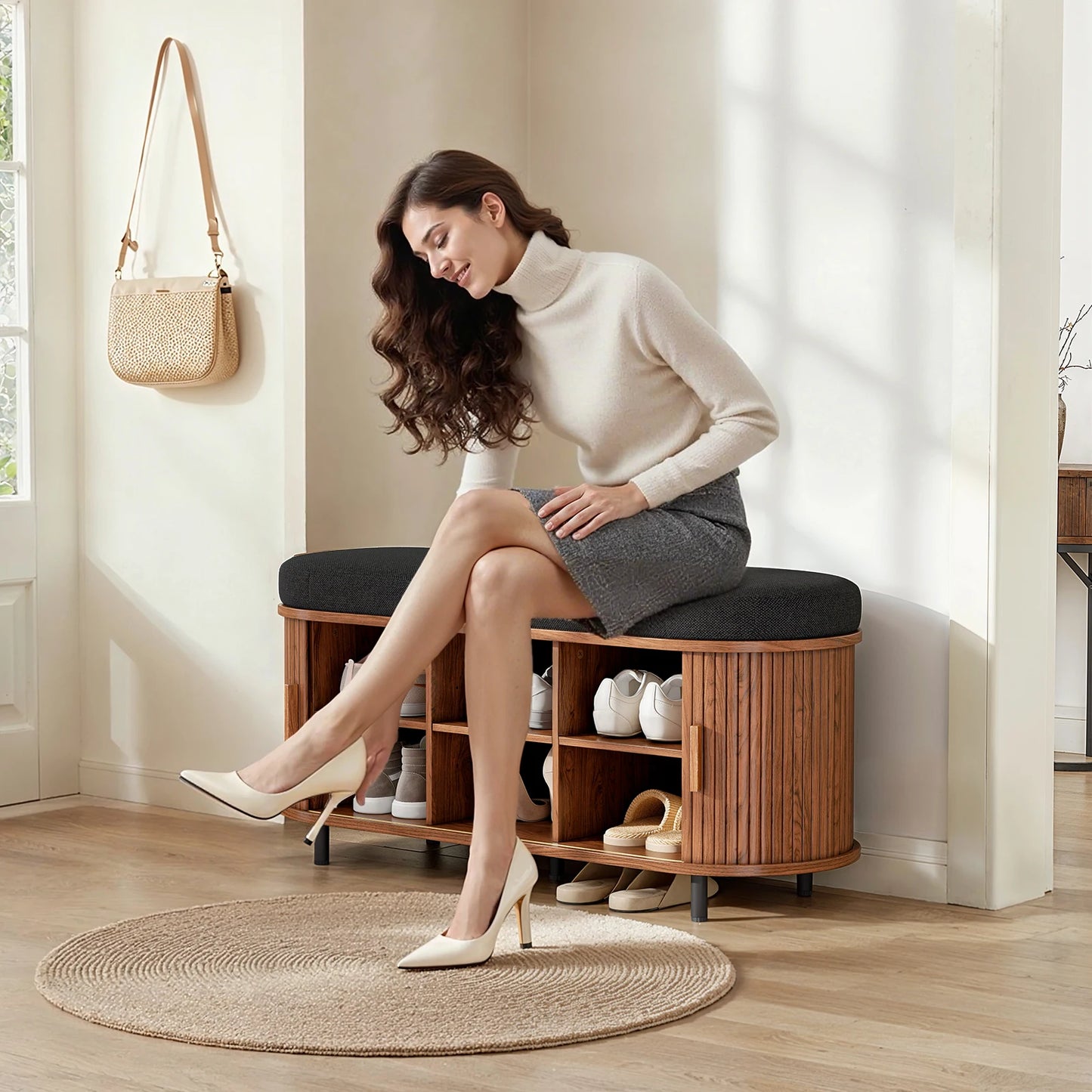Shoe Storage Bench 3 Tier Organizer With Cushion Sliding Door