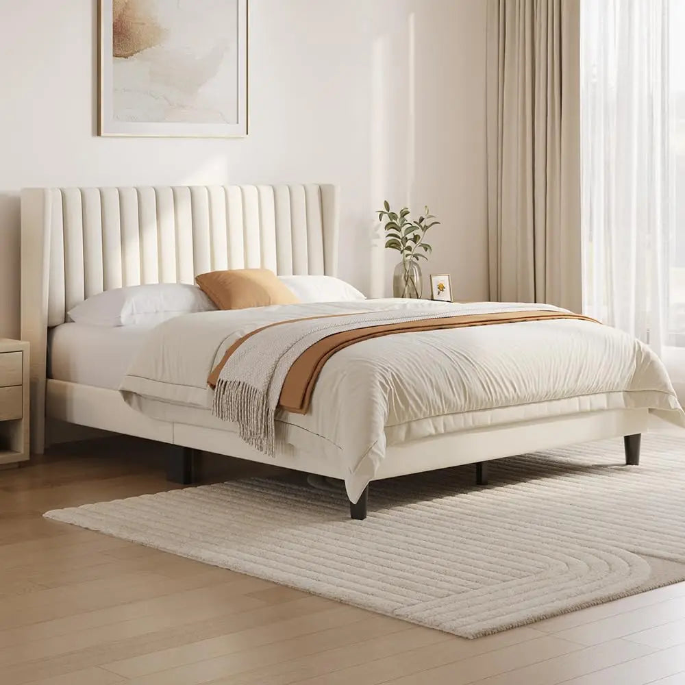 Upholstered Platform Bed Frame With Fabric Headboard Wood Non Slip