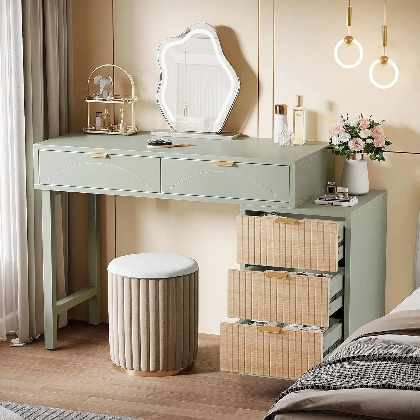Frame Makeup Vanity Desk 5 Drawers Modern Wood Dressing Table