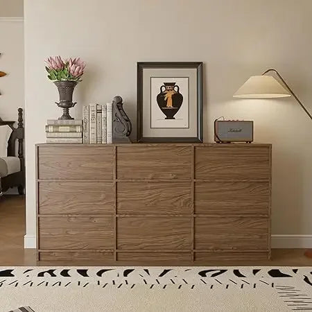 Walnut 9 Drawer Dresser For Bedroom Modern Wooden Storage Chest