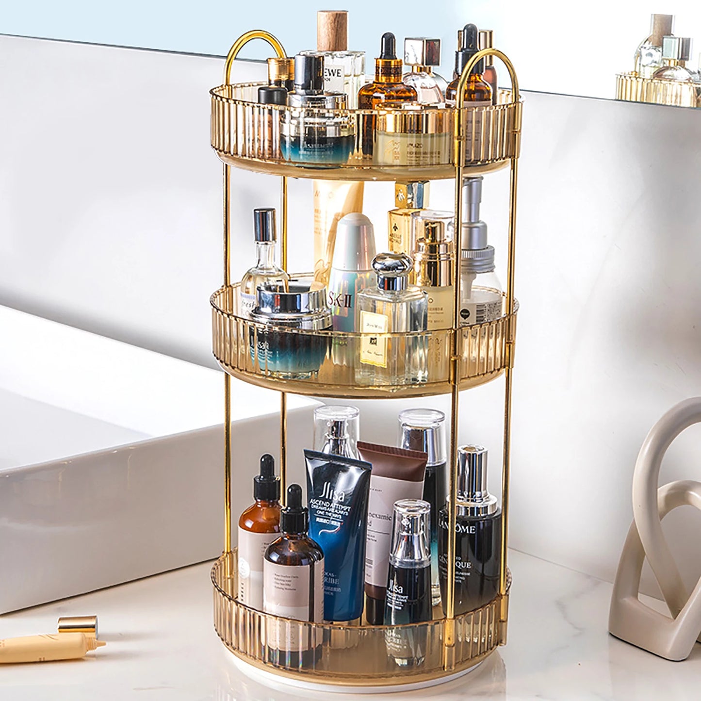 Rotating Makeup Organizer Three Tier Vanity Storage Clear Cosmetic Organizer