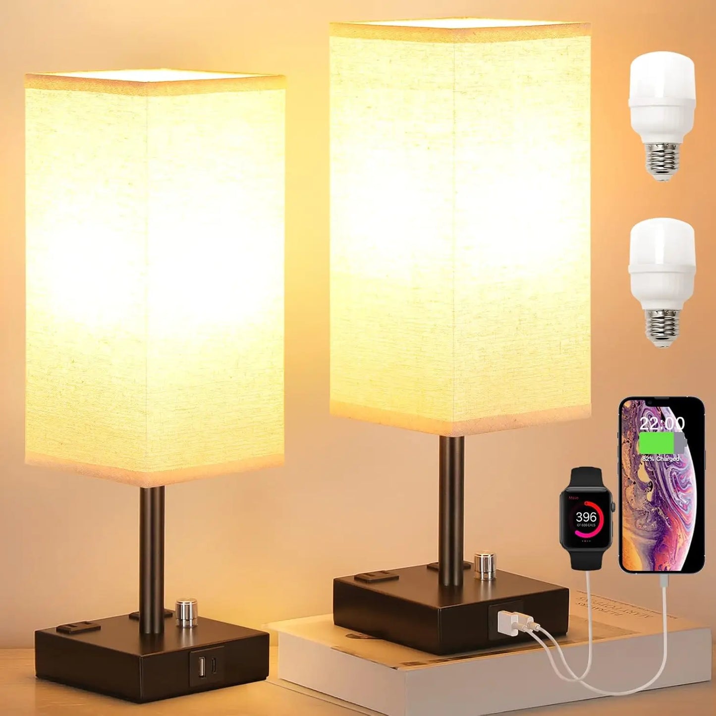 Fully Dimmable Nightstand Lamps Set Of 2 With USB C And USB A Ports
