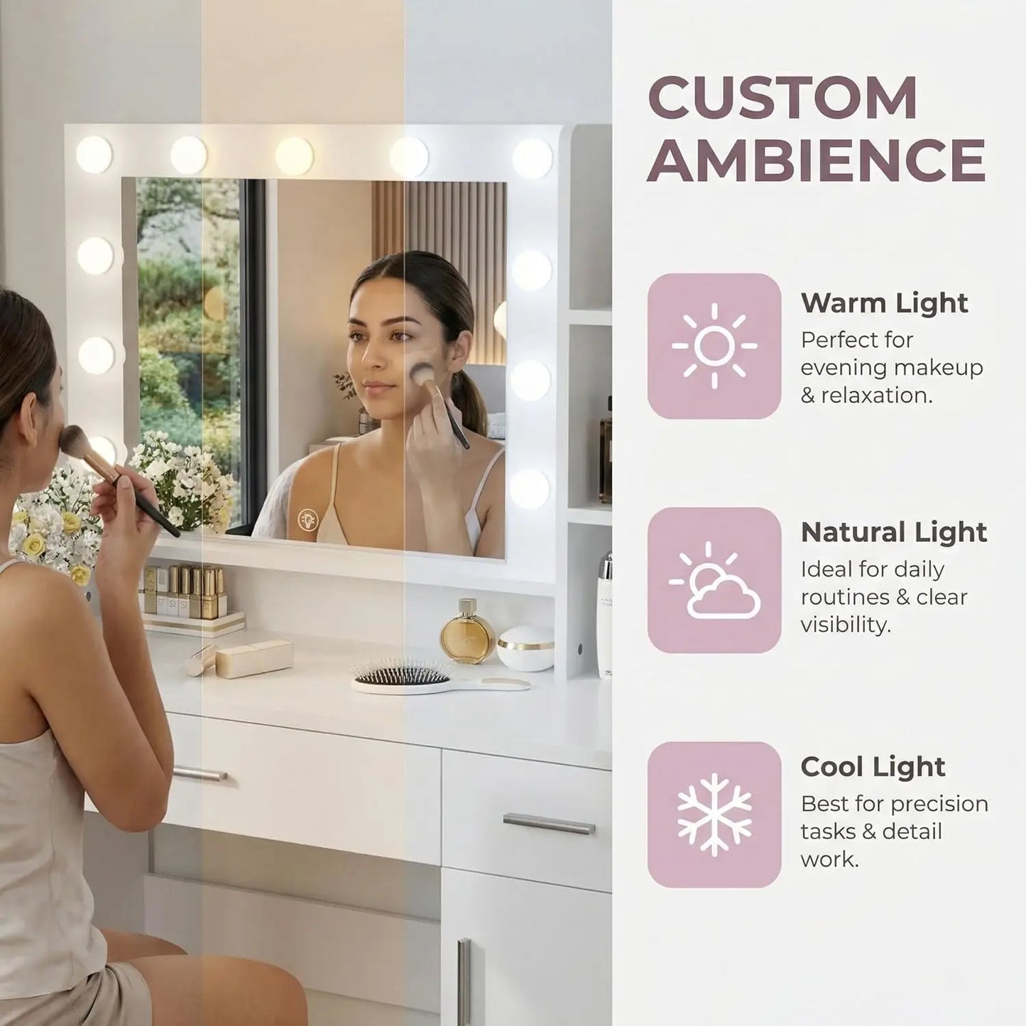 Modern Lighted Vanity Table With Mirror And 3 Drawers And Shelves