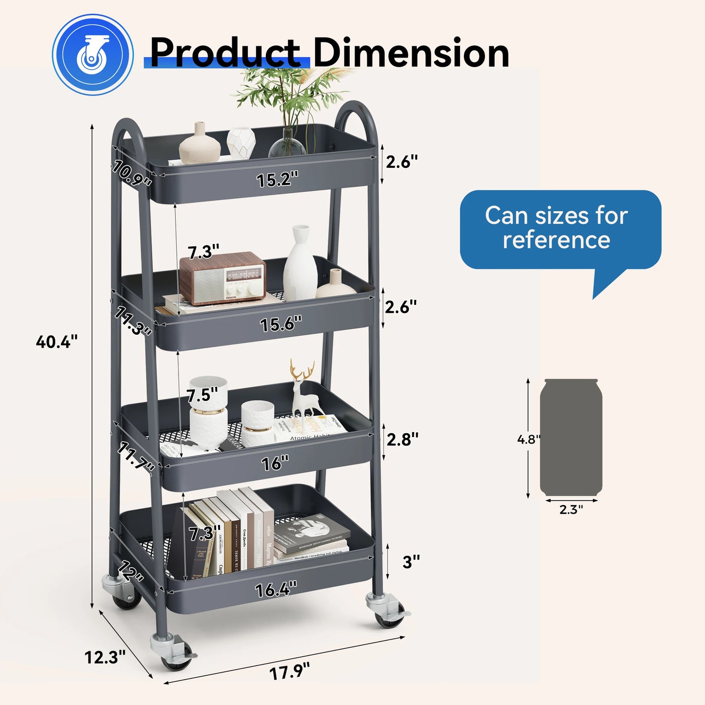 JHK 4 Tier Metal Kitchen Storage Cart With Lockable Wheels