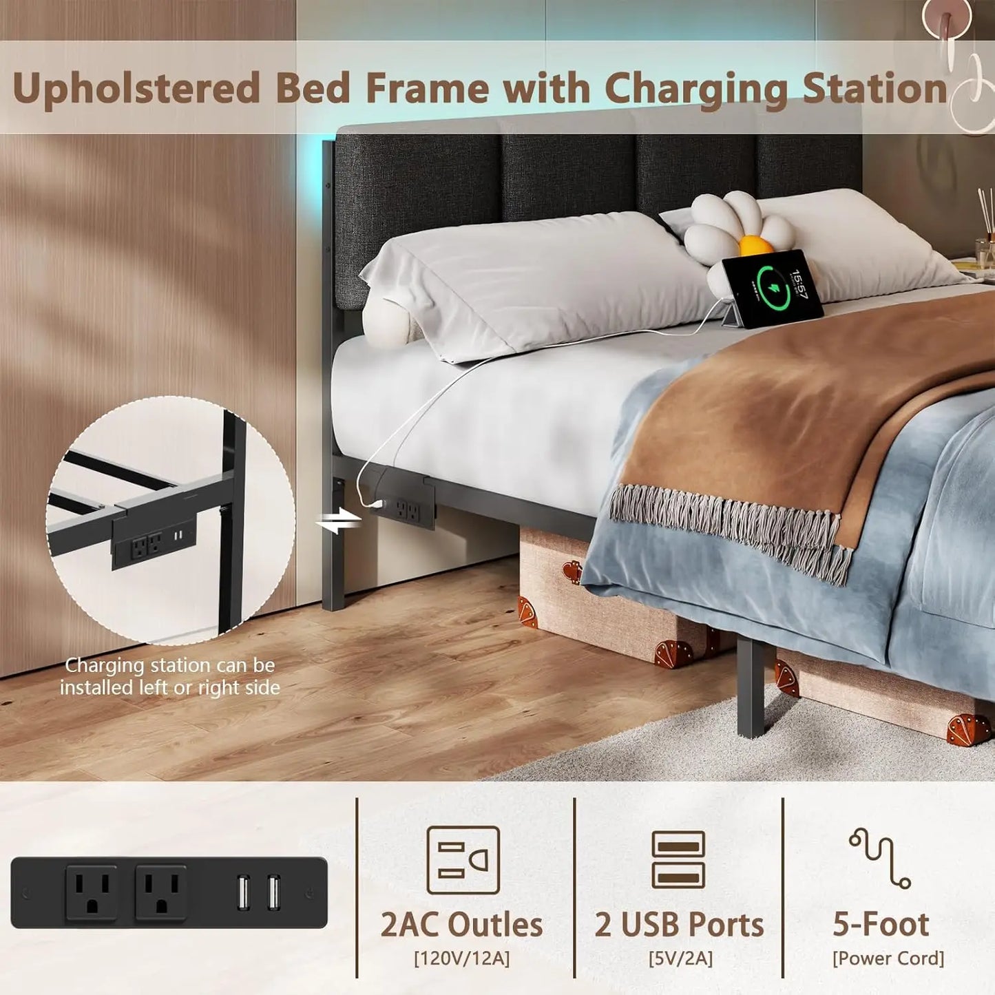 Queen Bed Frame With Adjustable Headboard And USB Storage Drawers