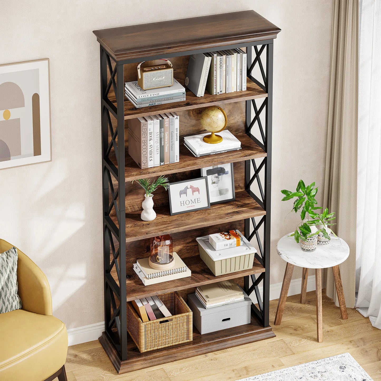 Tribesigns 5 Tier Floor Bookcase Industrial Wood Shelves
