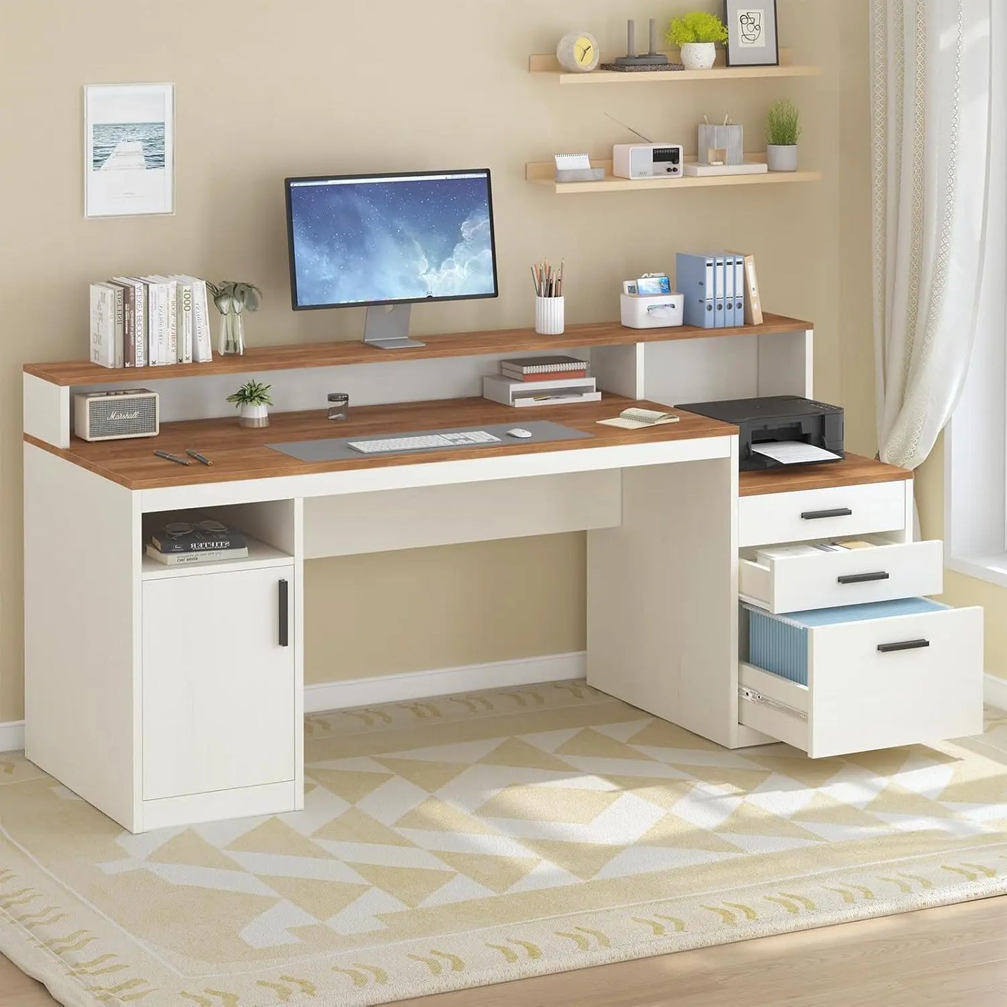 NONEDesk Executive Computer Desk With File Drawer And Cabinet