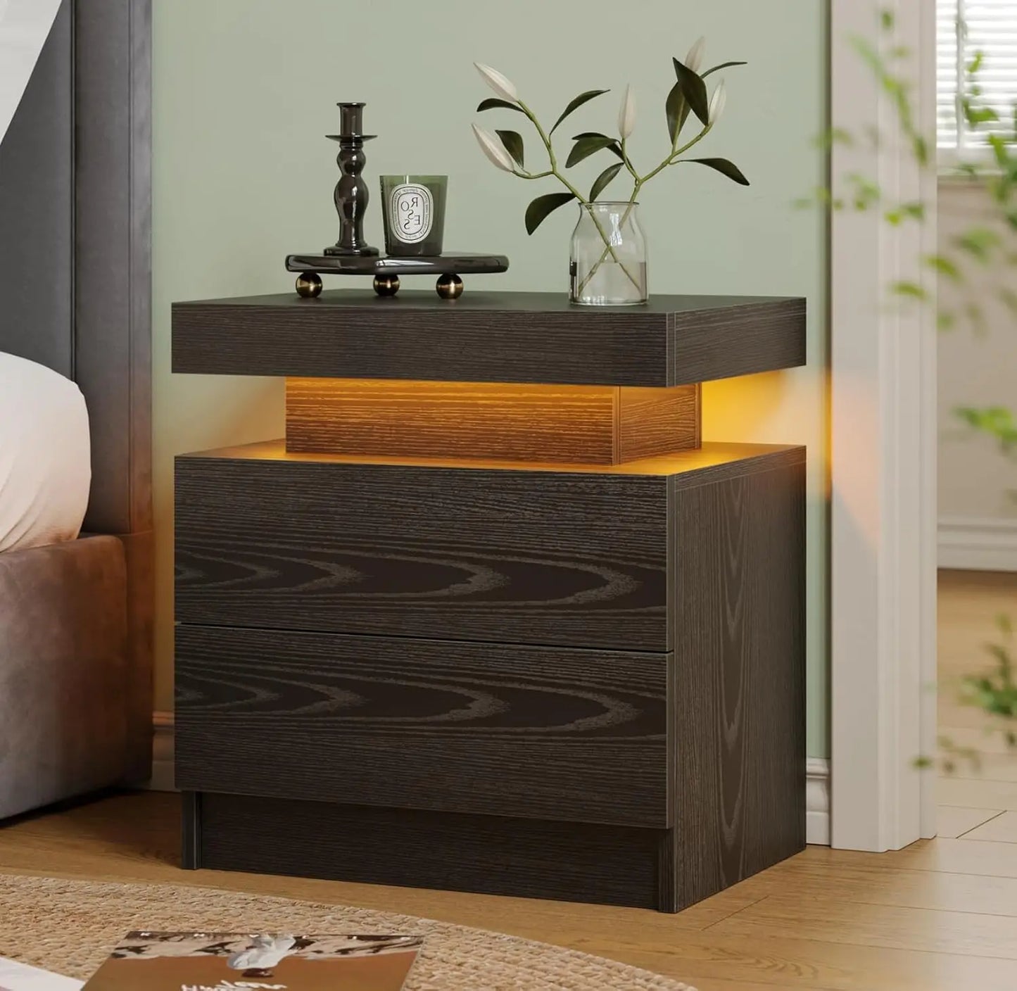 Modern White LED Nightstand With Two Wood Drawers Bedside Table