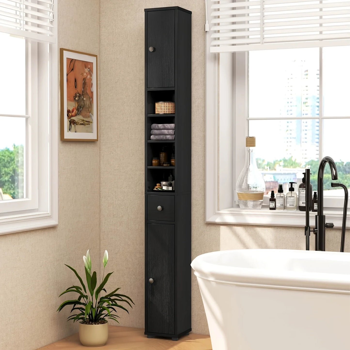 Slim Bathroom Tall Cabinet Freestanding Storage Organizer With 2 Doors