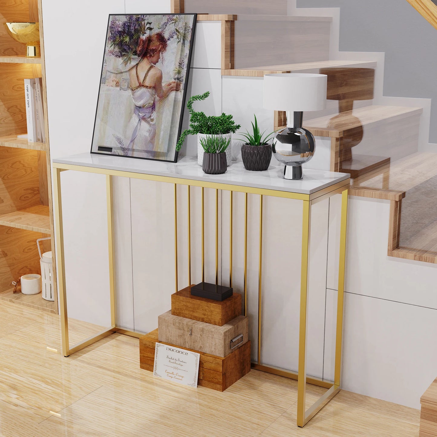 BINGOPAW Modern Marble Console Table With Gold Metal Frame