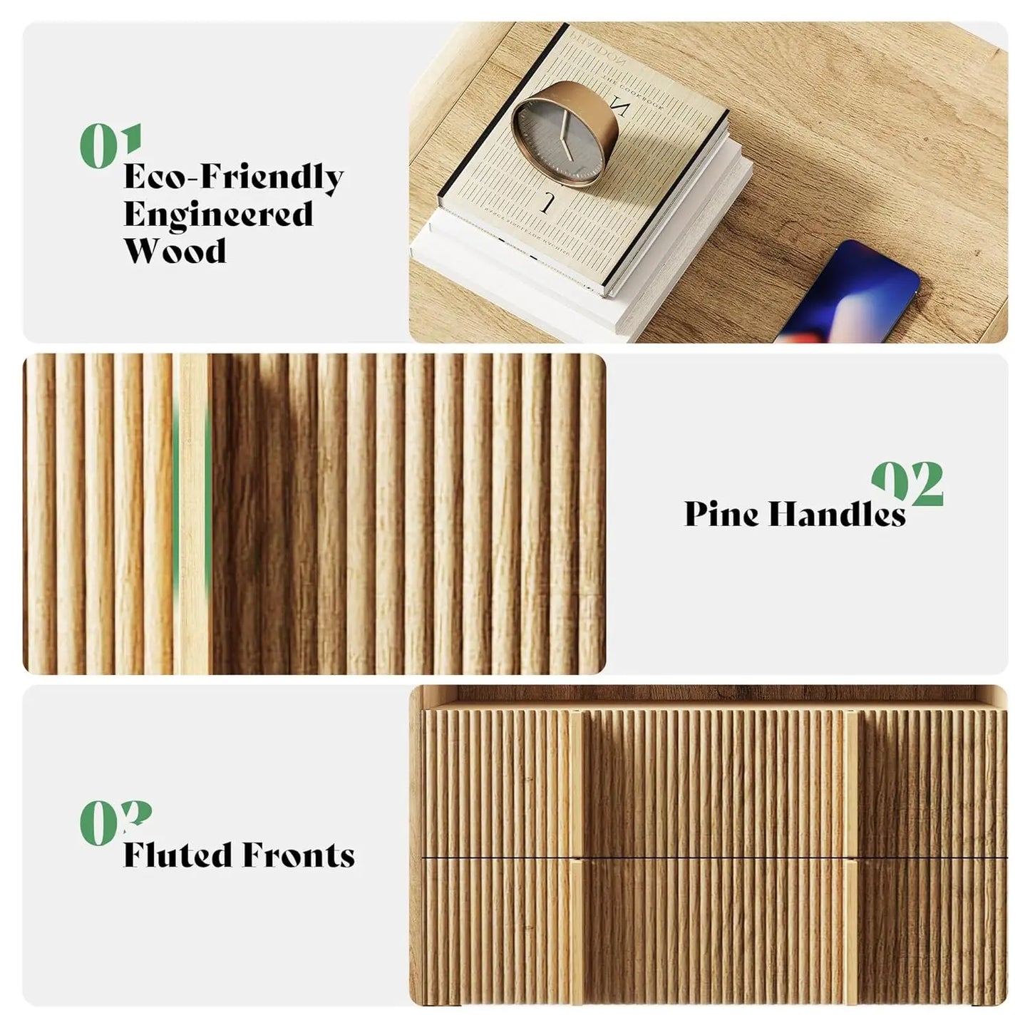 Fluted Front Nightstand With Storage Drawers And Open Shelf