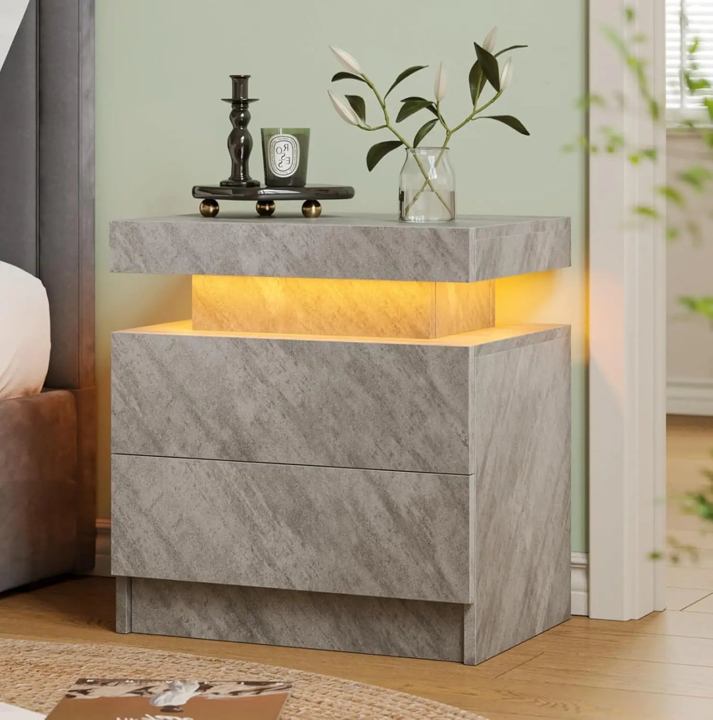Modern White LED Nightstand With Two Wood Drawers Bedside Table