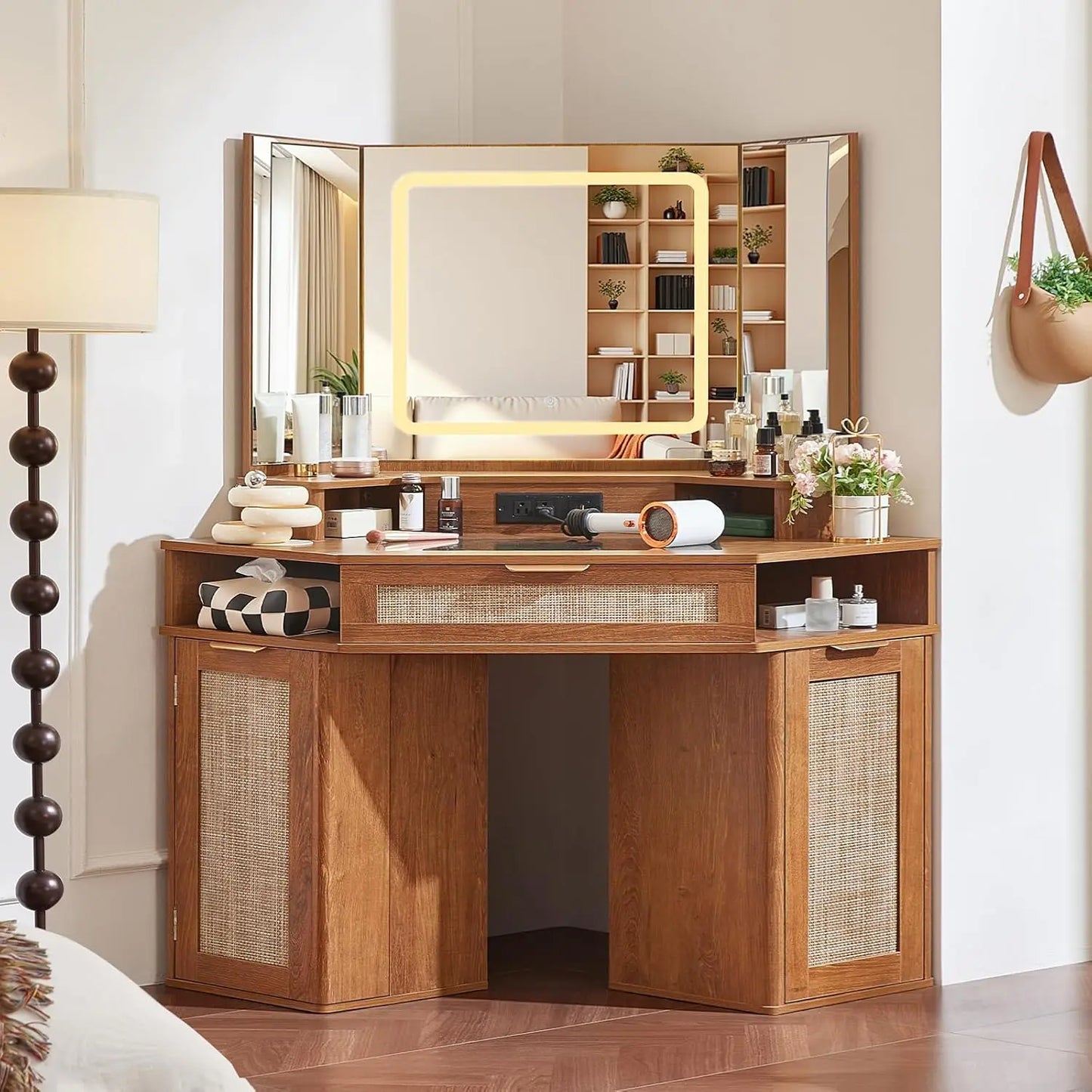 Boho Corner Vanity Desk With 3 Way Mirror Glass Lights
