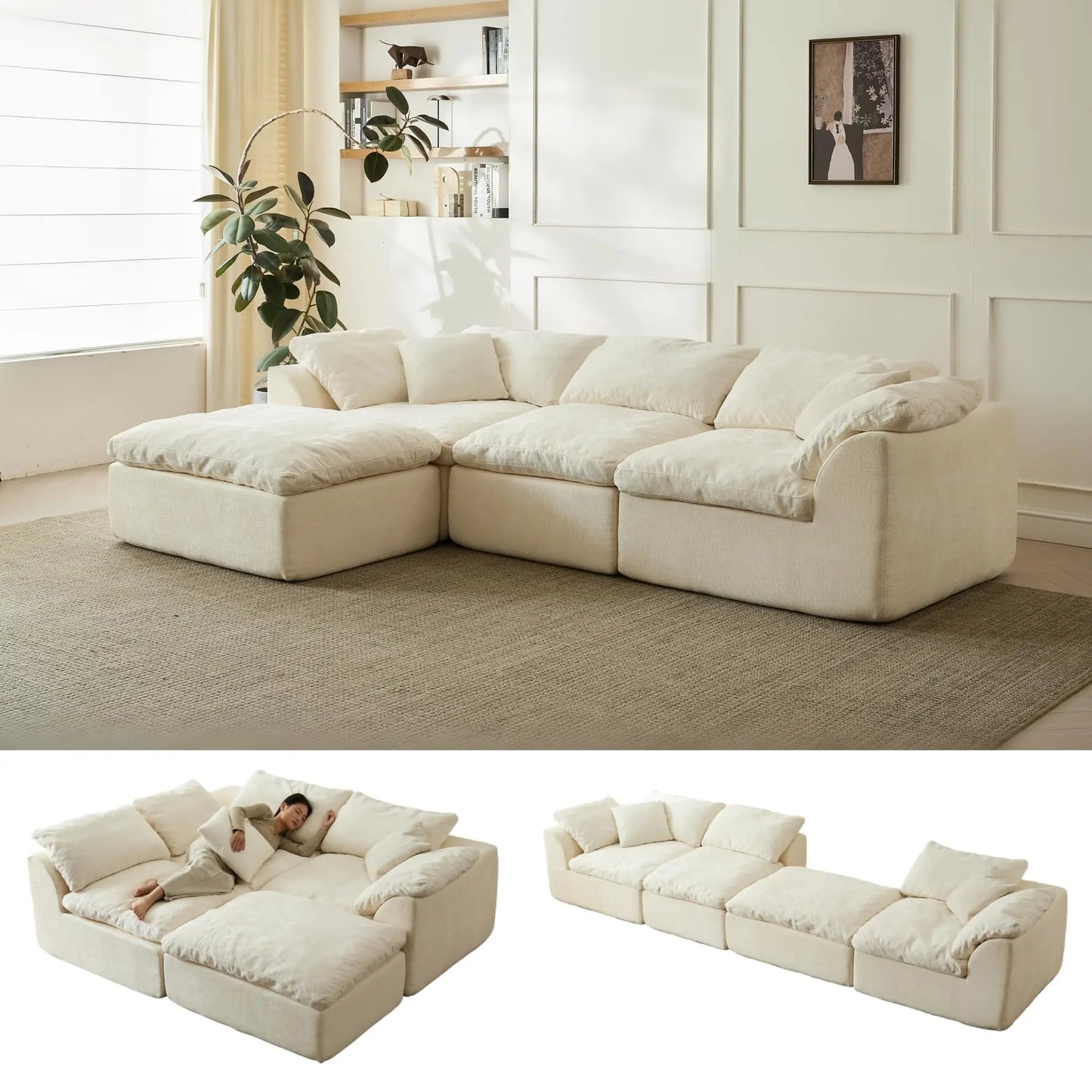 Yeflixvrau Modern Cloud L-Shaped Sectional Sofa With Ottoman