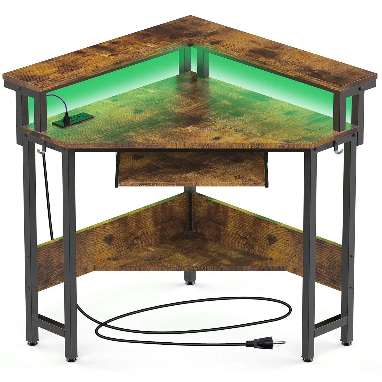 JHK Corner Desk With LED Lights Power Outlets Storage Shelves
