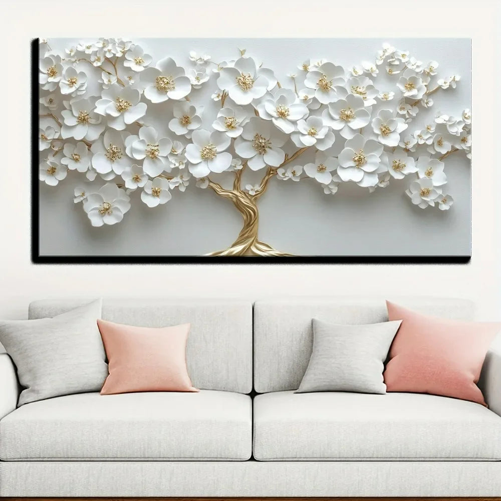 Nordic White Flower Oil Painting On Canvas Modern Wall Art