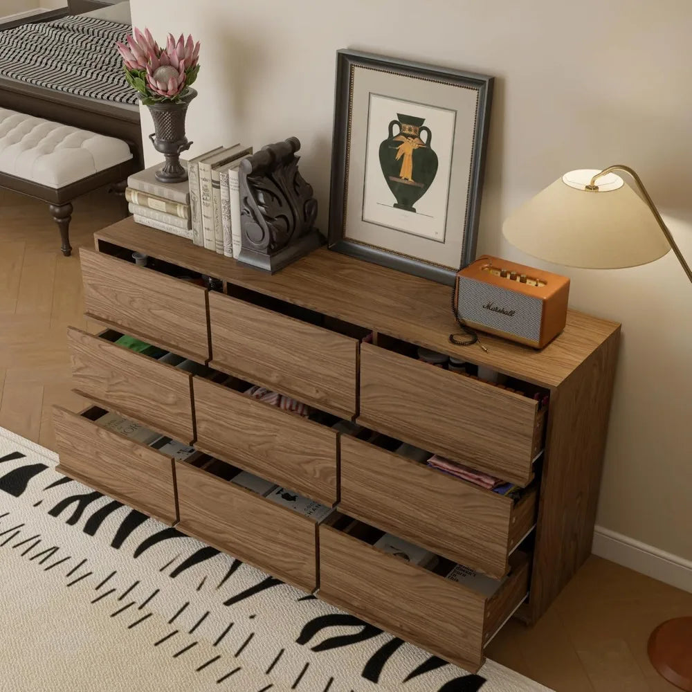 Walnut 9 Drawer Dresser For Bedroom Modern Wooden Storage Chest