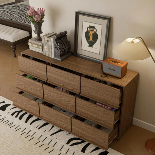 Walnut 9 Drawer Dresser For Bedroom Modern Wooden Storage Chest