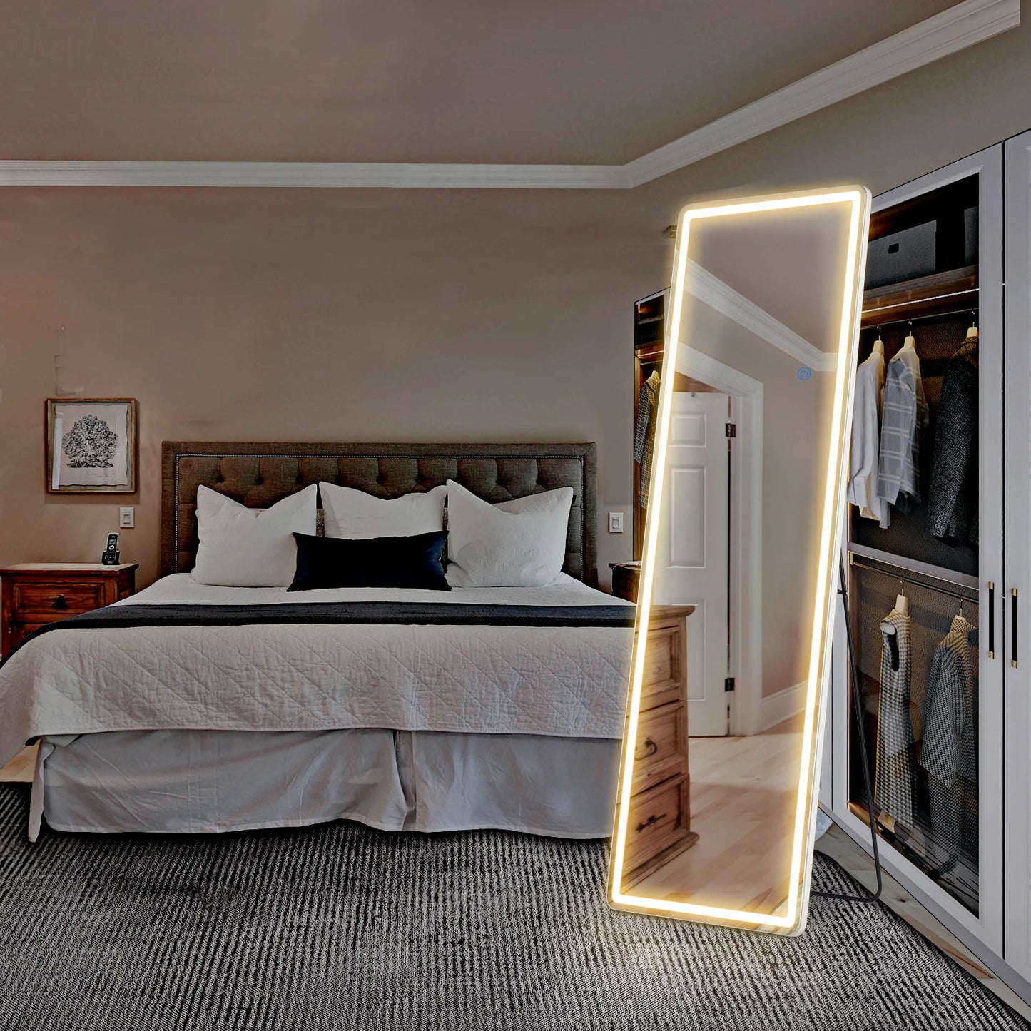 JHK Full Length Led Lights 64"x21" Mirror Standing Hanging or Wall-Mounted Mirrors with Stand Aluminum Alloy Frame For Home