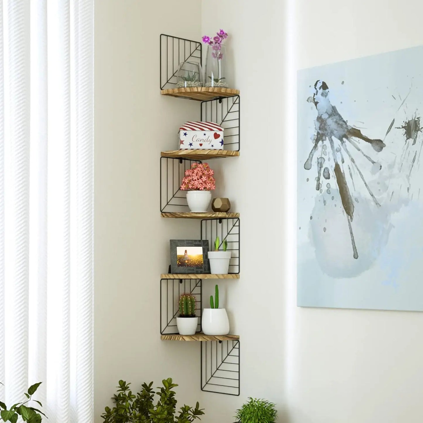 5-Tier Rustic Wood Corner Floating Shelves Wall Mount Storage