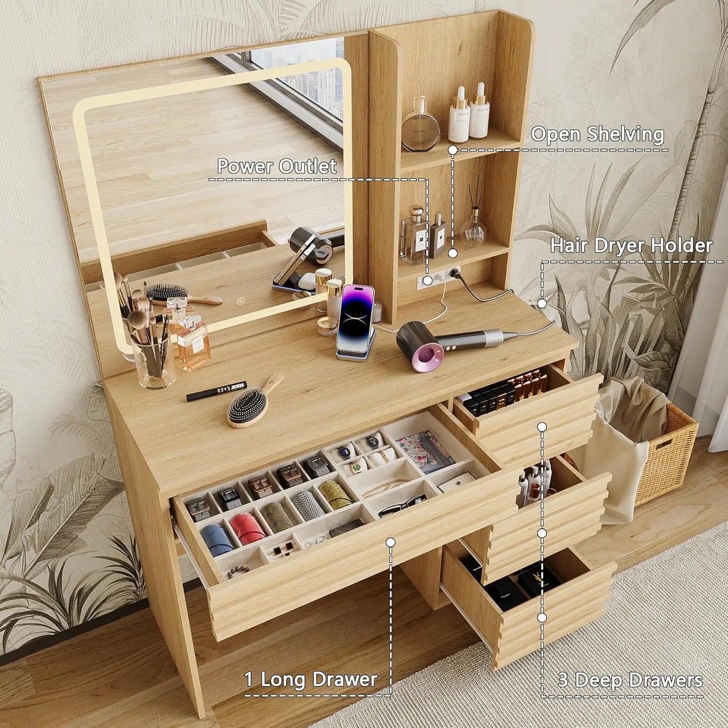 Frame Fluted Vanity Desk With HD Mirror And Lights