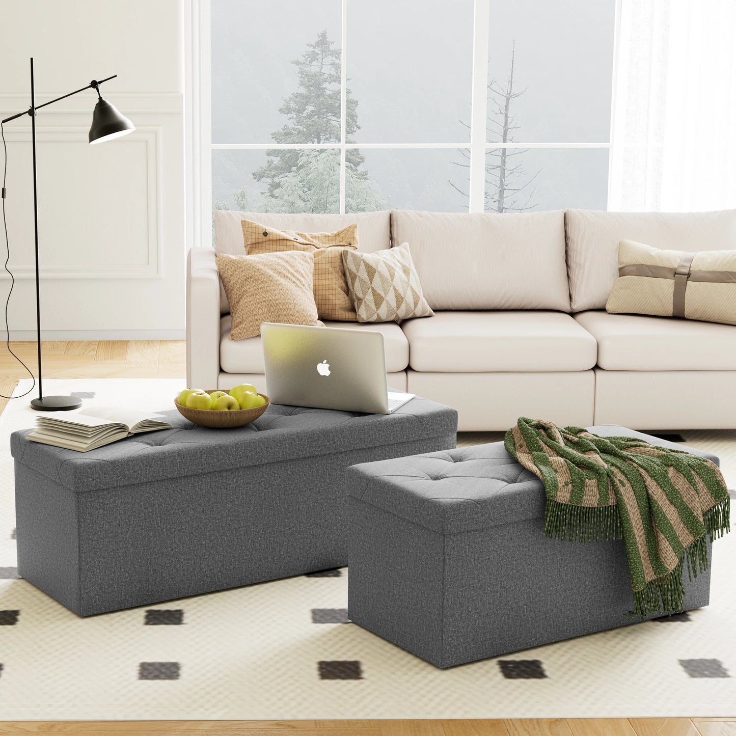 JHK Folding Storage Ottoman Bench Living Room With Hidden Footstool