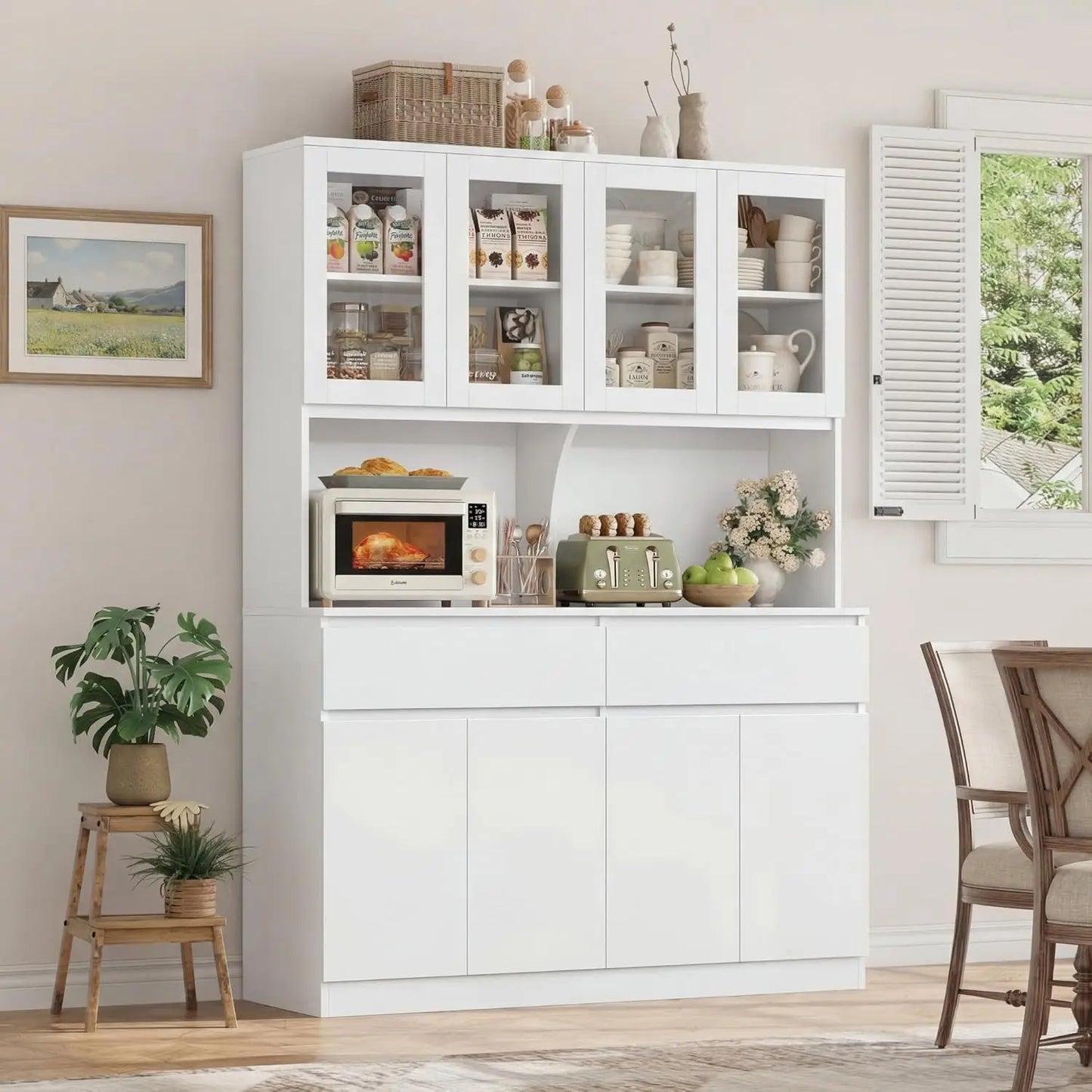 Solid Wood Kitchen Pantry Cabinet With Glass Doors And Drawers