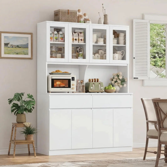 Solid Wood Kitchen Pantry Cabinet With Glass Doors And Drawers