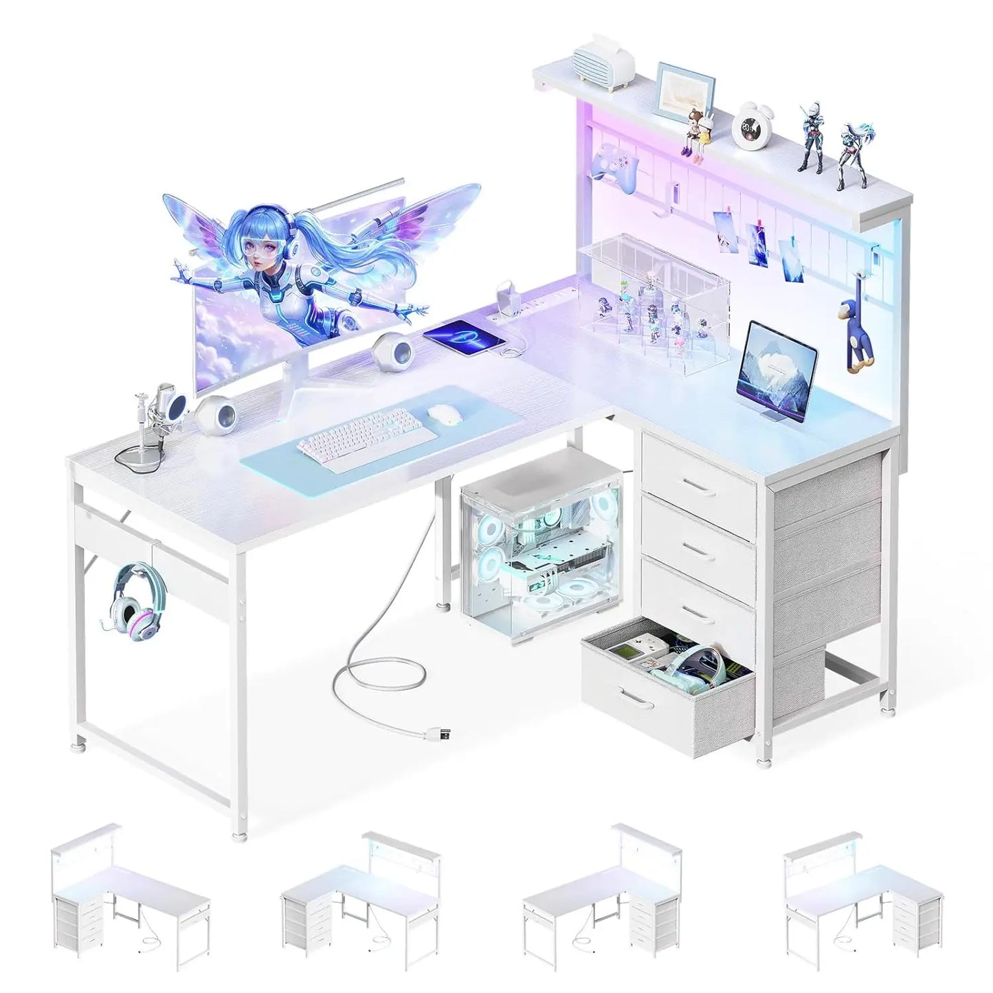 NONEDesk L Shaped Gaming Desk With Shelf Hutch 4 Drawers