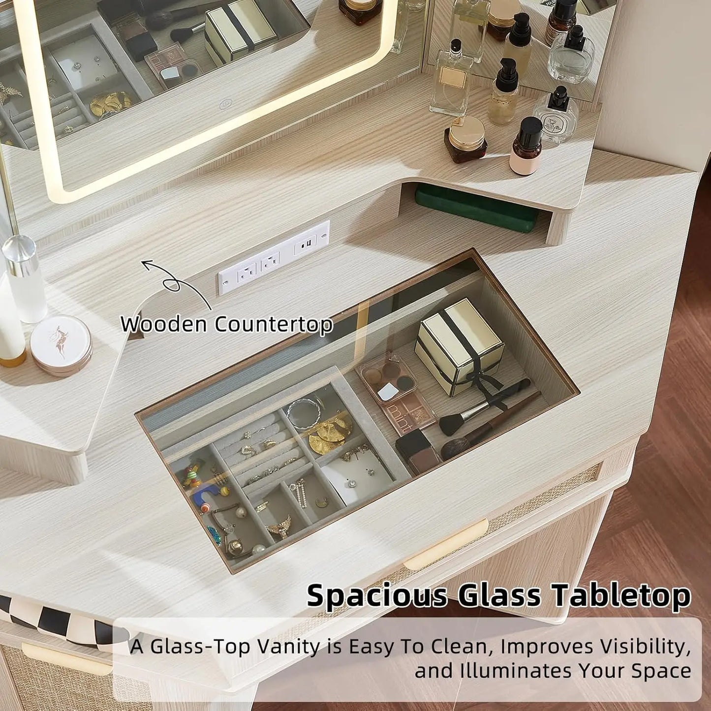 Boho Corner Vanity Desk With 3 Way Mirror Glass Lights