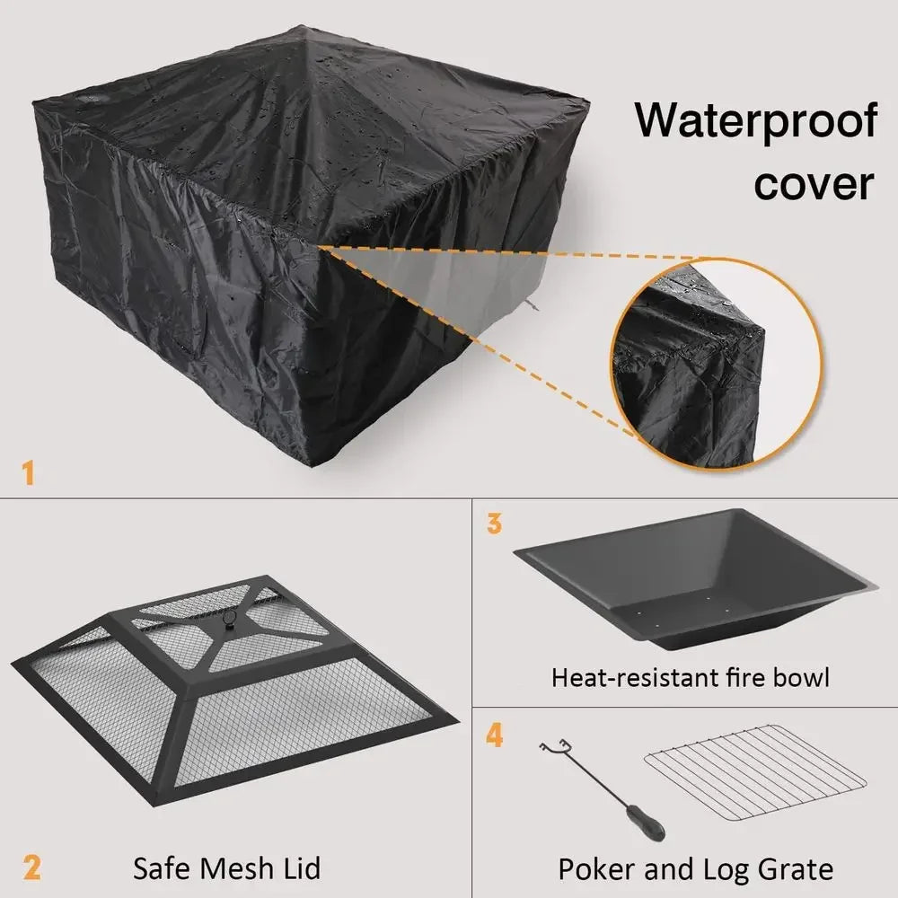 Square Metal Outdoor Fire Pit With Cover And Grate