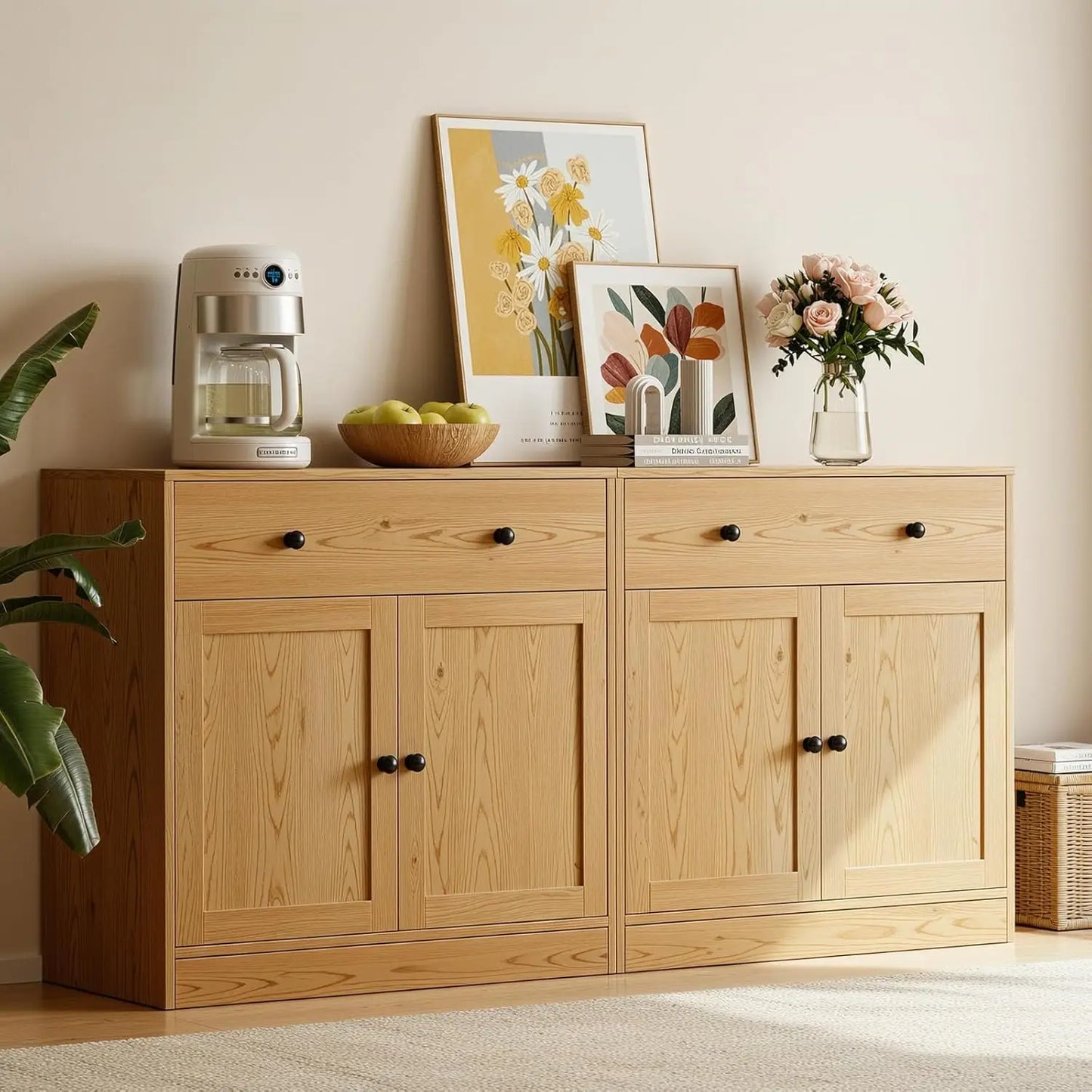 HUANZHUANG TV Console Storage With Glass And Wood Doors