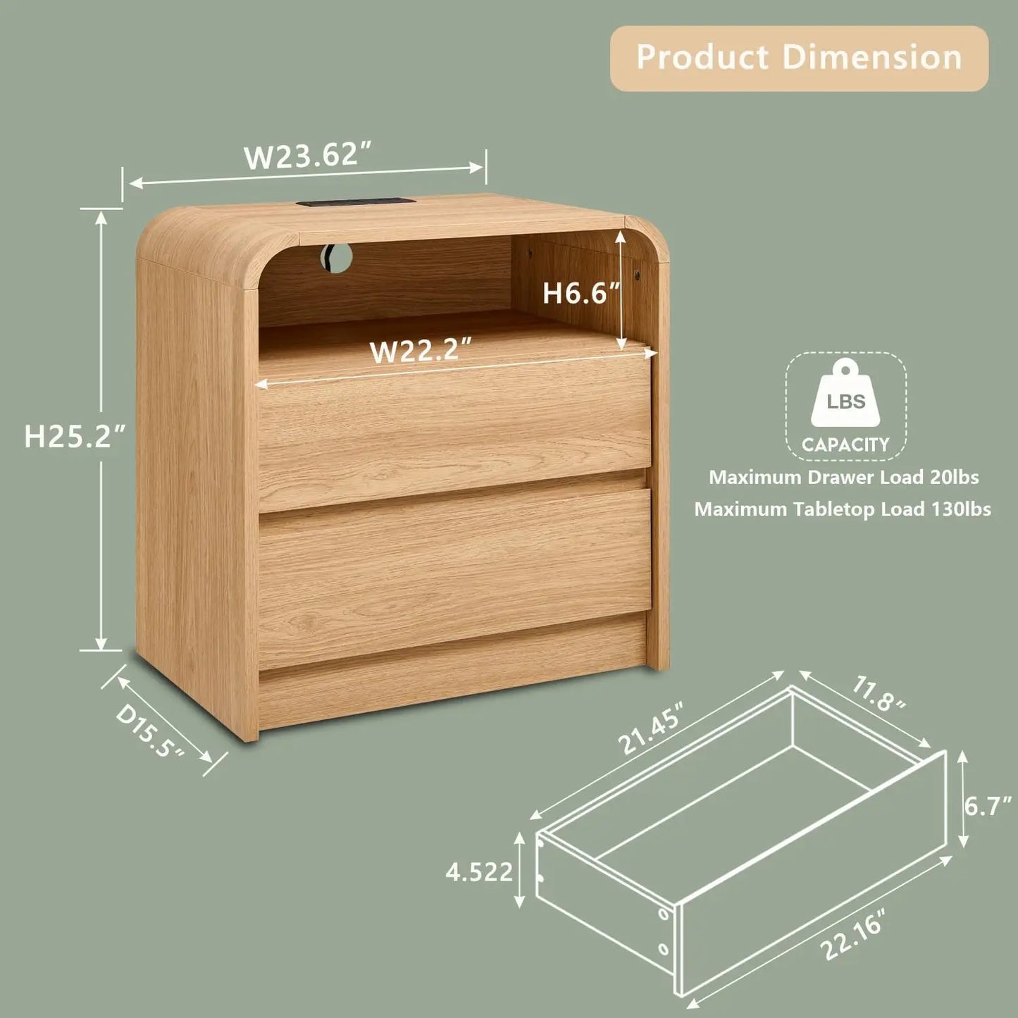 Modern Wood Nightstands With Charging Station And Two Drawers