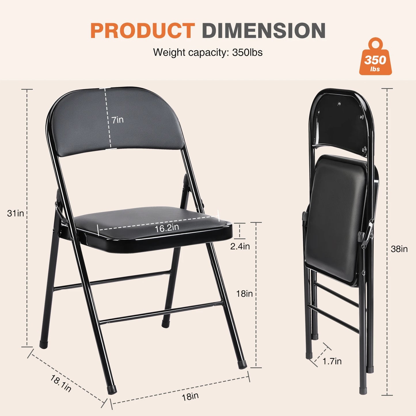 JHK Leather Padded Folding Chairs 4 Pack Metal Living Room