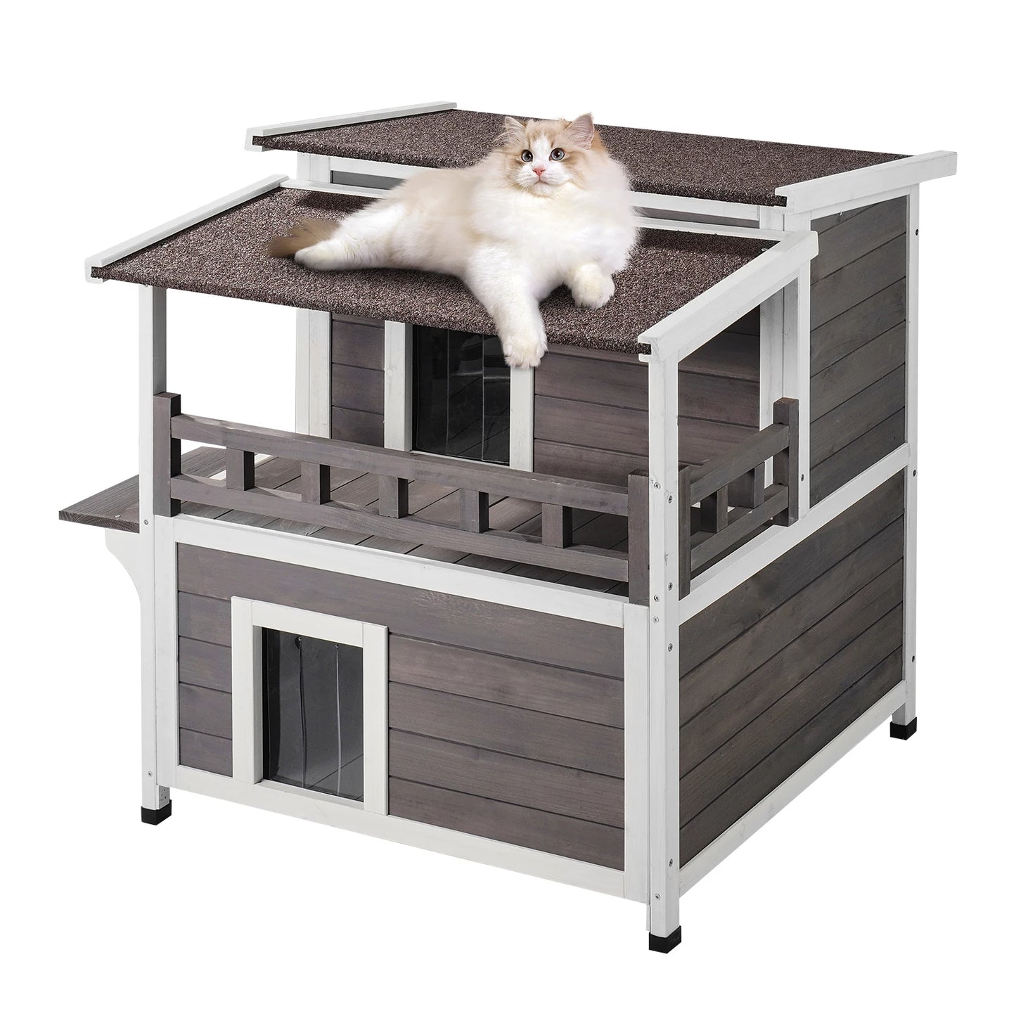 SucceBuy Outdoor Cat House Weatherproof Double Story Wooden Shelter