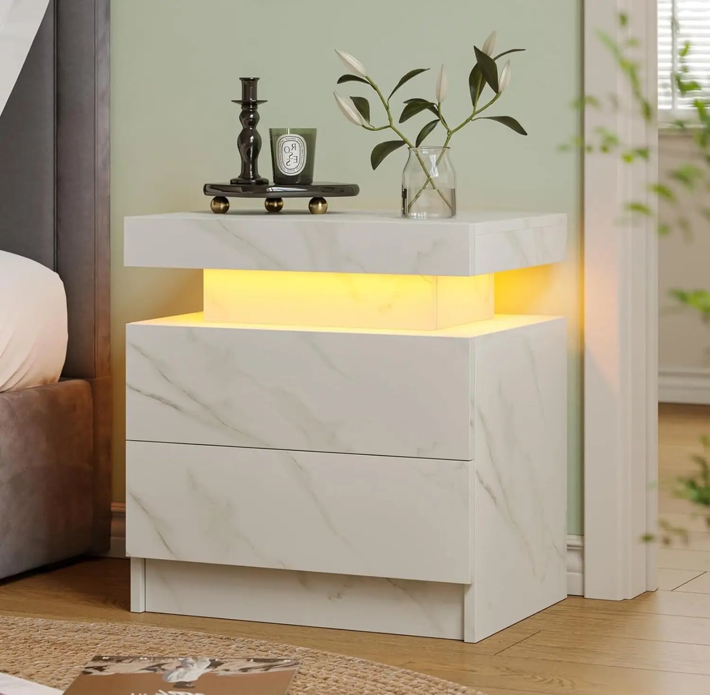 Modern White LED Nightstand With Two Wood Drawers Bedside Table