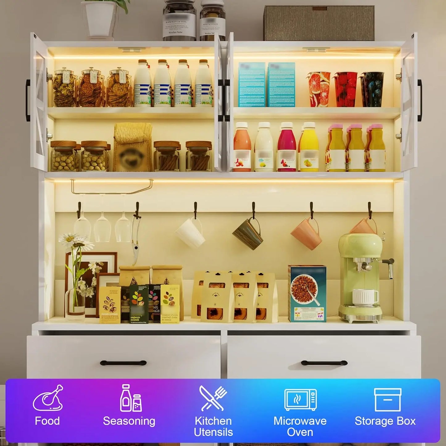 MOYU Kitchen Hutch With LED Lights And Power Outlet Cabinet