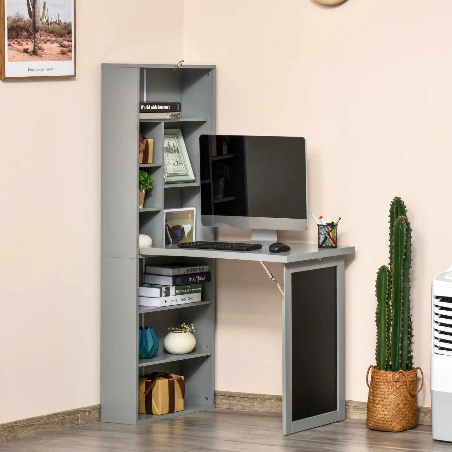 HOMCOM Fold-Out Convertible Wall Desk With Blackboard And Shelf