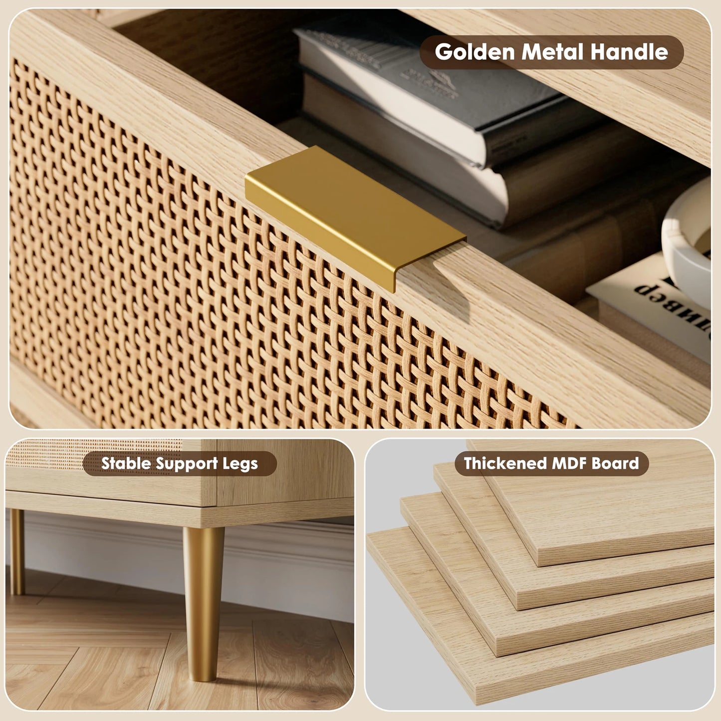 HiMISS 6 Drawer Rattan Dresser Handwoven Wood Storage Cabinet