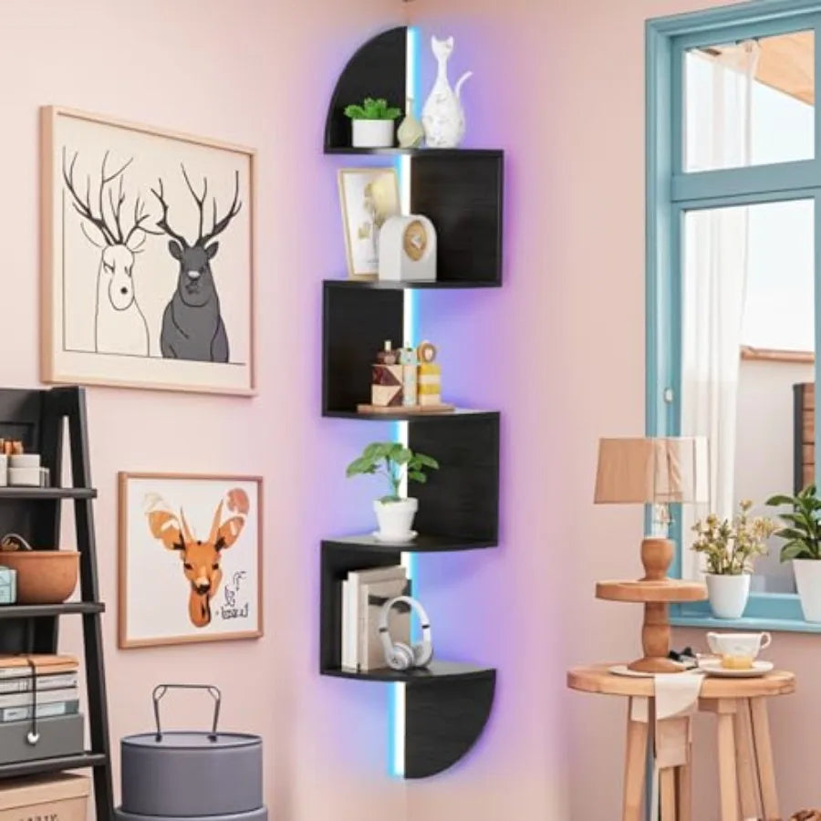 Corner Wall Shelf With LED Light 5 Tier Floating Shelves