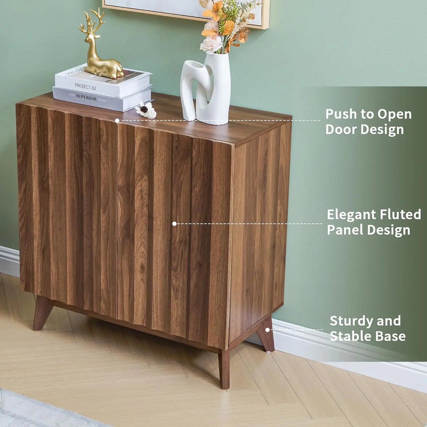Fluted Mid Century Sideboard Buffet Cabinet With Adjustable Shelves