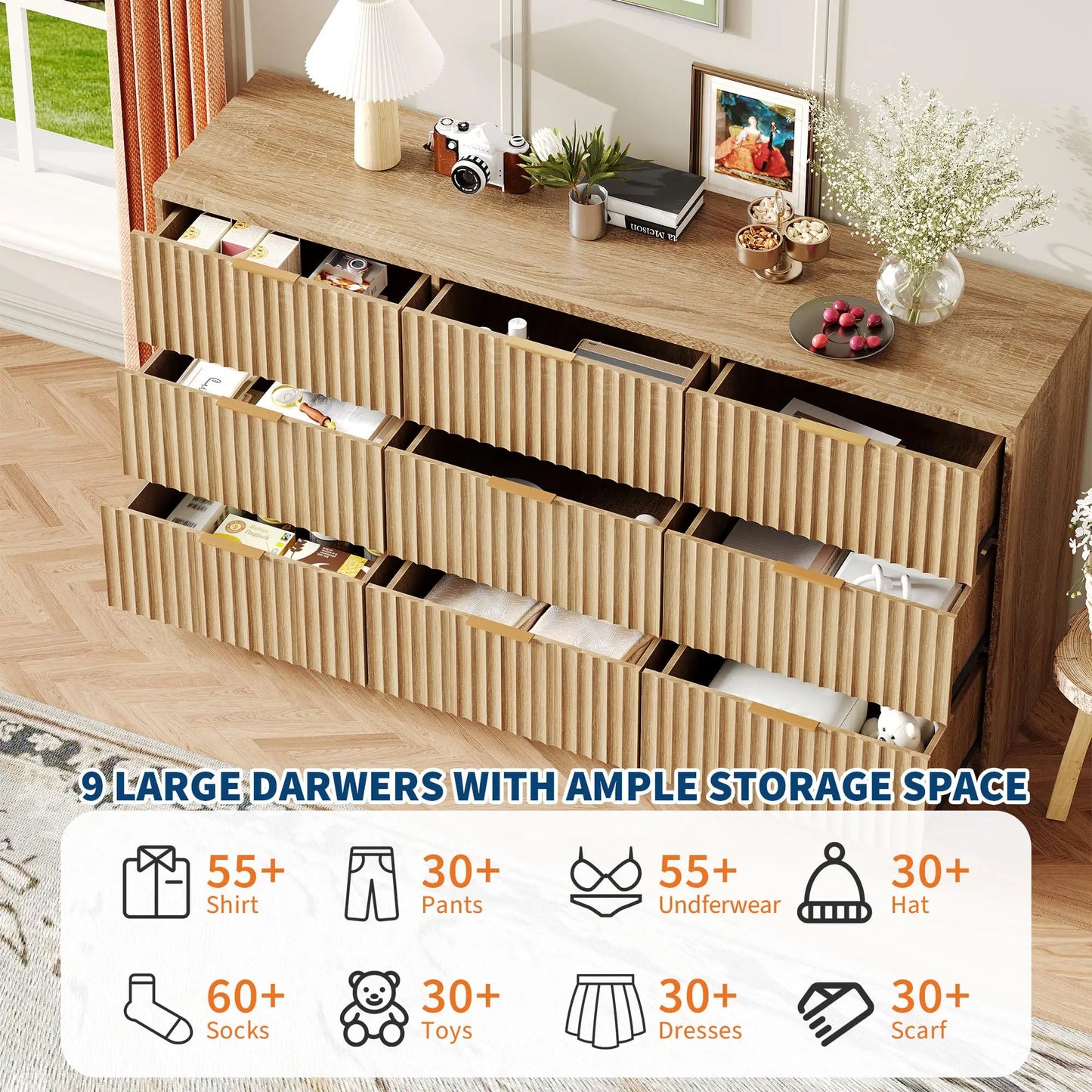 HiMISS 9 Drawer Dresser Chest of Drawers Modern Bedroom Storage