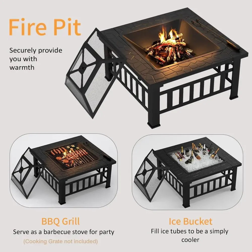 Square Metal Outdoor Fire Pit With Cover And Grate