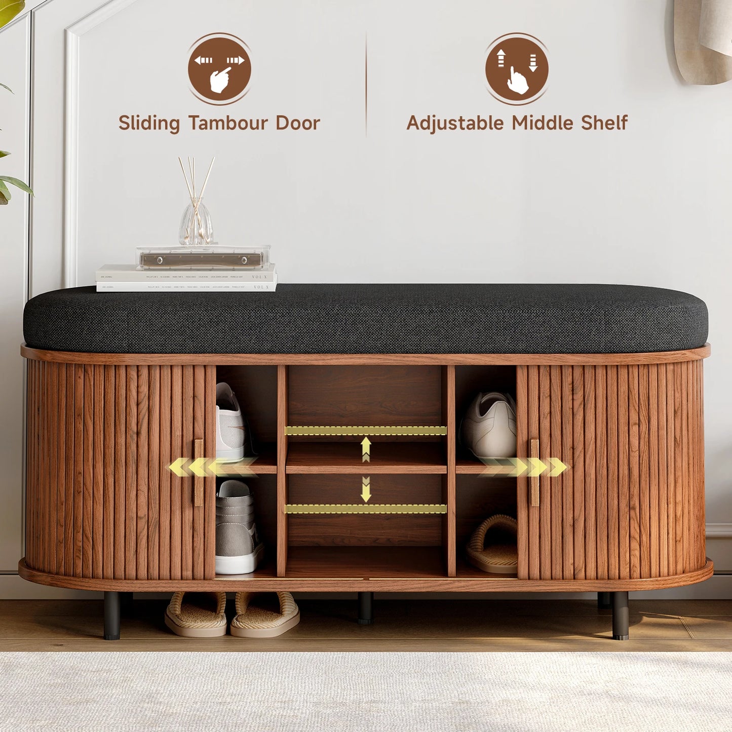 Shoe Storage Bench 3 Tier Organizer With Cushion Sliding Door