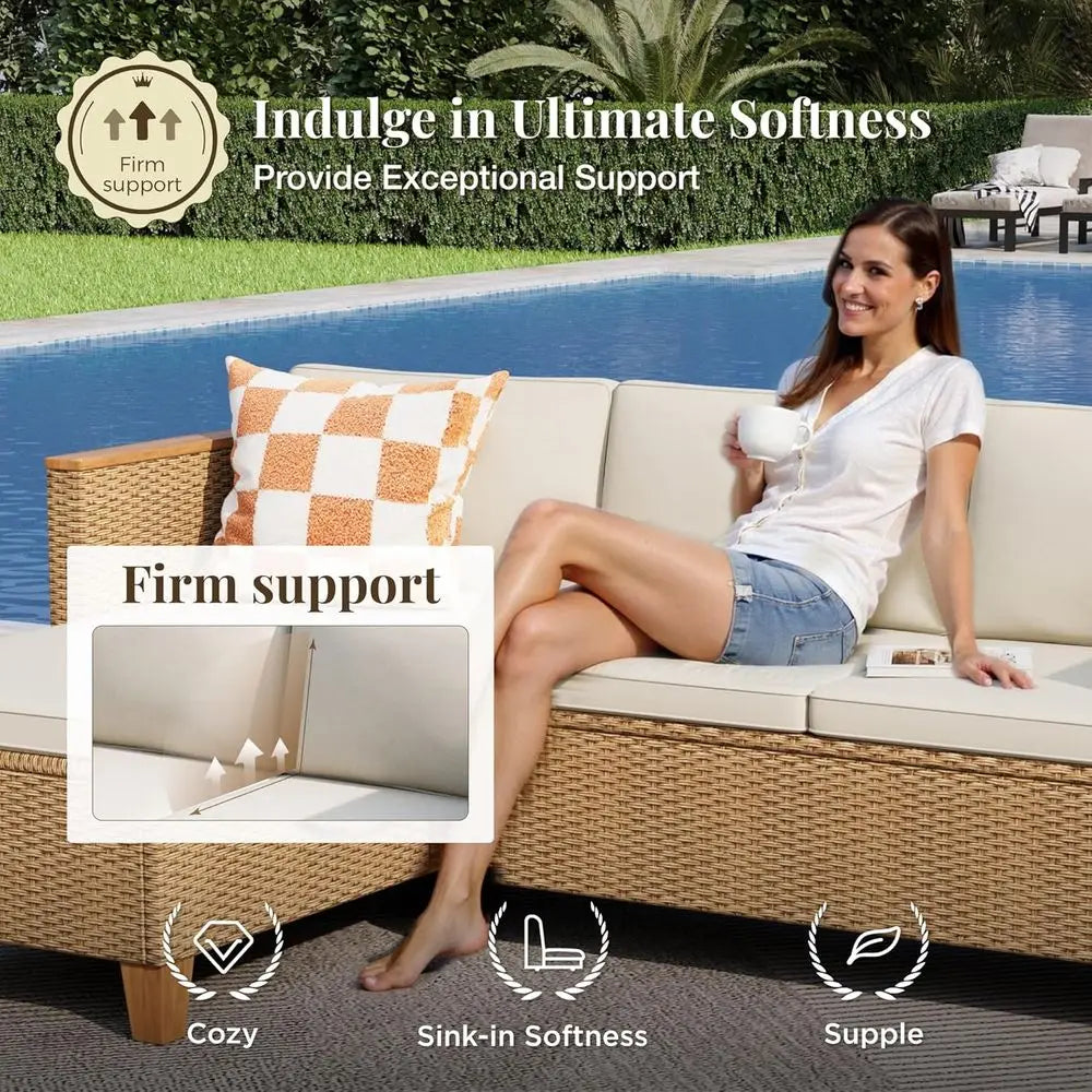 3 Piece Outdoor Patio Furniture Set LShaped Rattan Sofa Acacia Wood Coffee Table