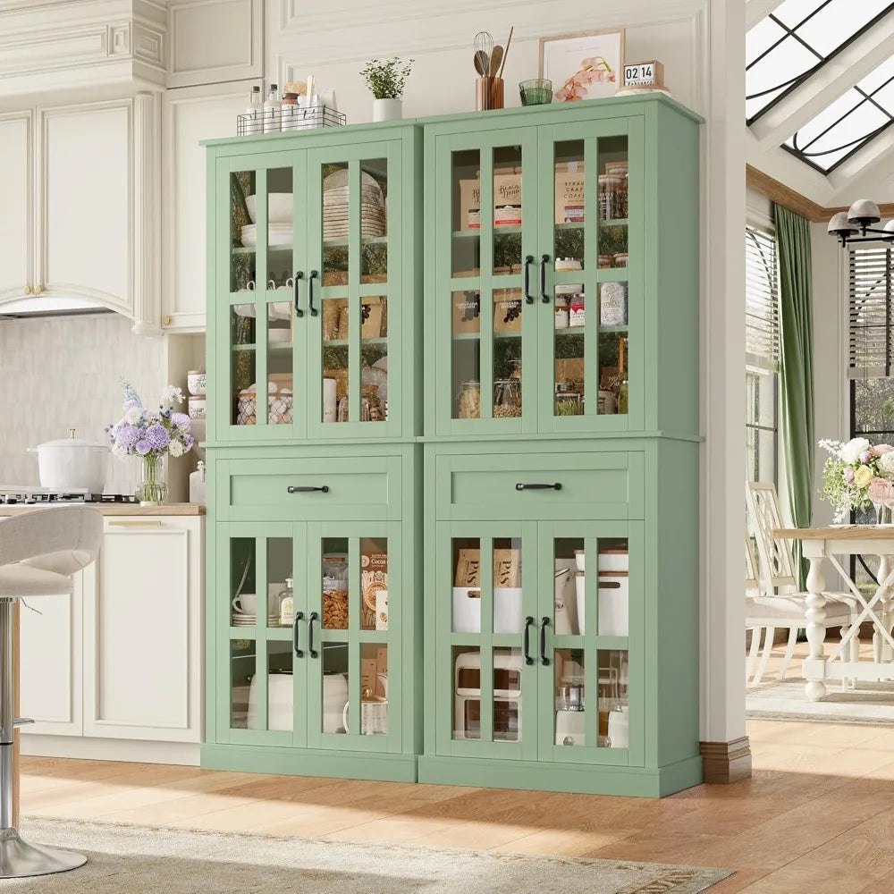 Tall Kitchen Cabinet With Glass Doors And Drawer Storage