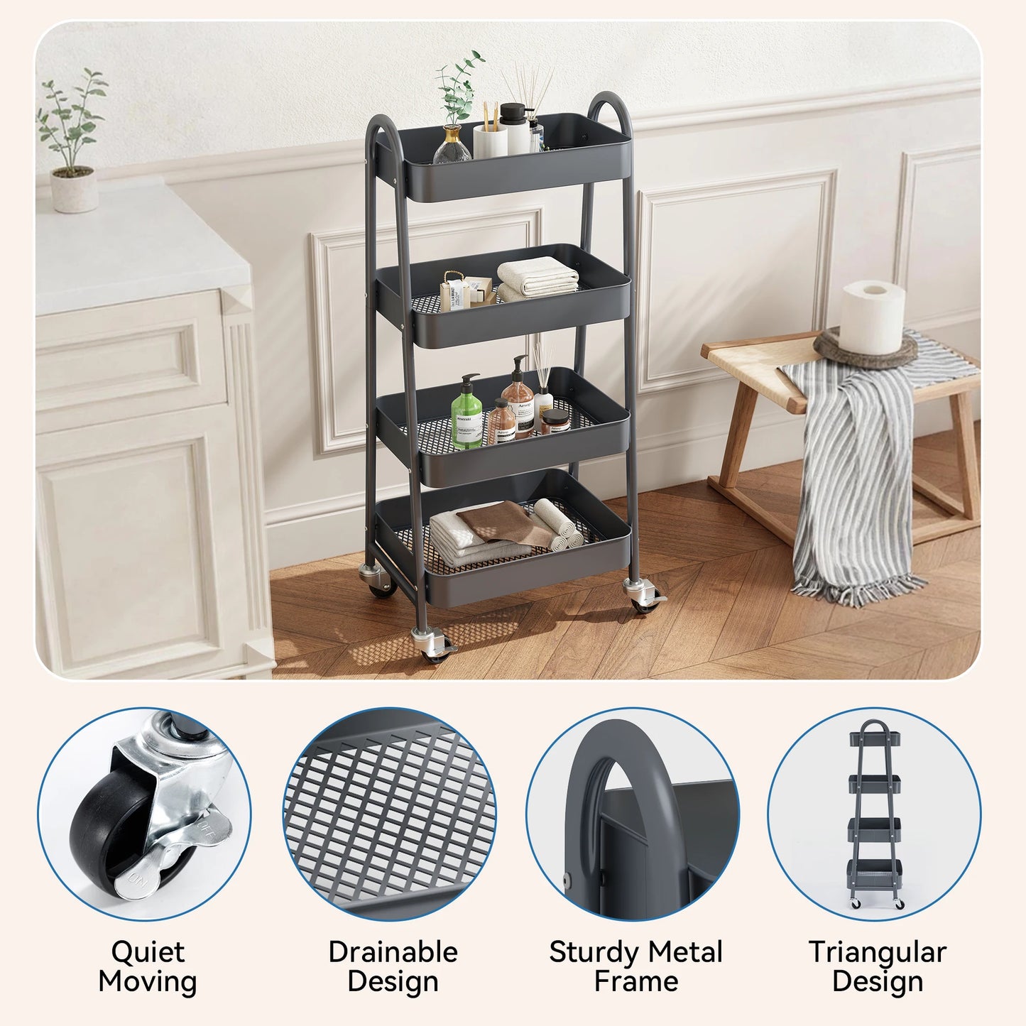 JHK 4 Tier Metal Kitchen Storage Cart With Lockable Wheels