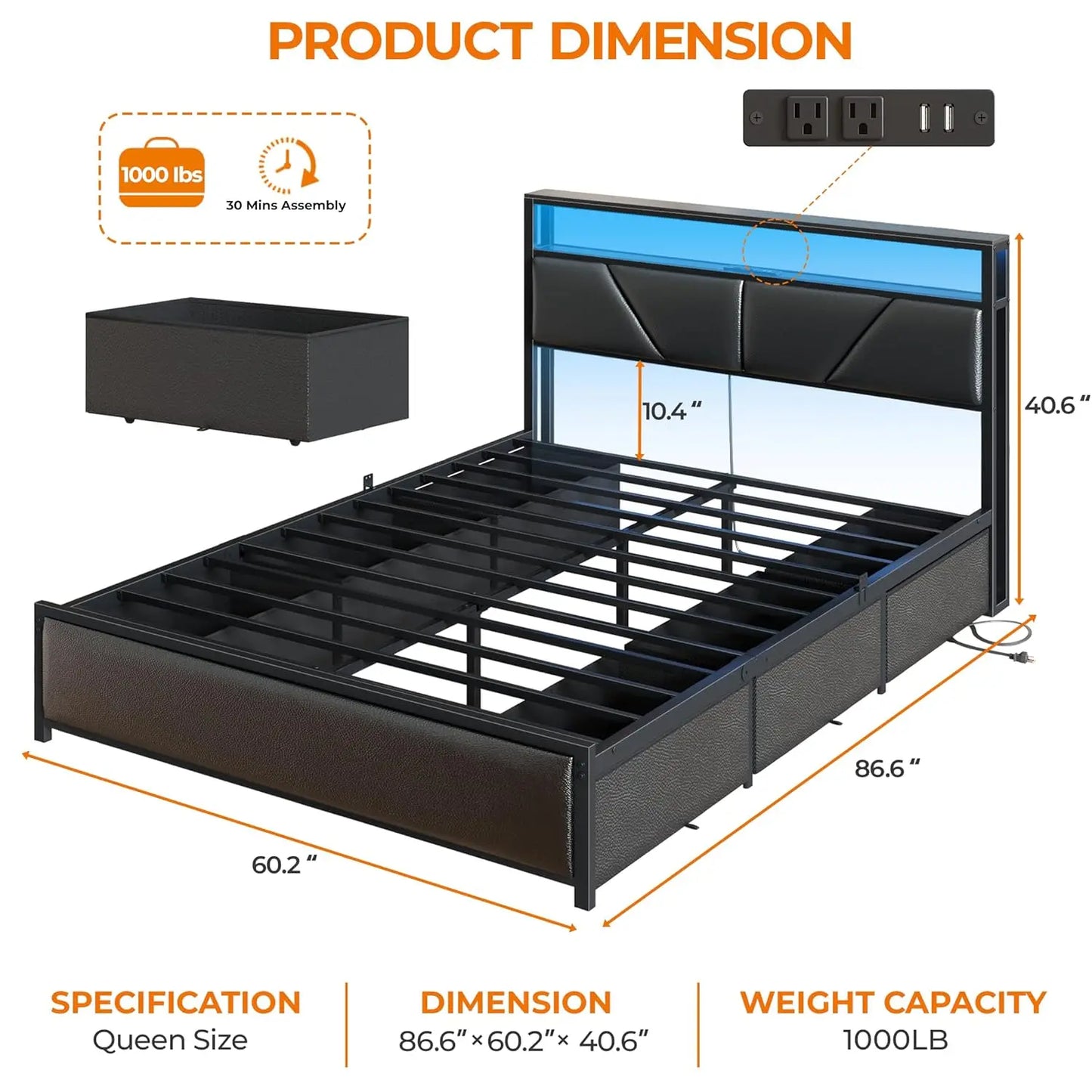 Queen Bed Frame With 2 Tier Storage Headboard And Drawers
