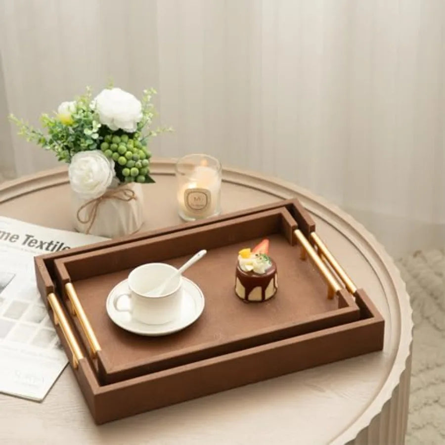 Decorative Leather Tray Set With Gold Handle For Ottoman Table